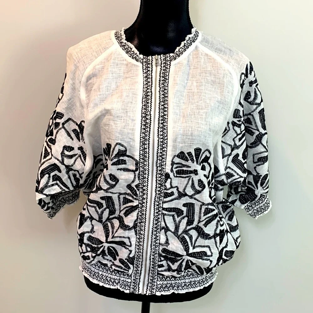 Chicos Black White Linen Embroidered Aztec Bomber Jacket Size 2 or Large - Picture 2 of 8